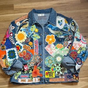 Designs by Brenda Handmade Patchwork Crochet Quilted Denim Jacket Women’s L/XL